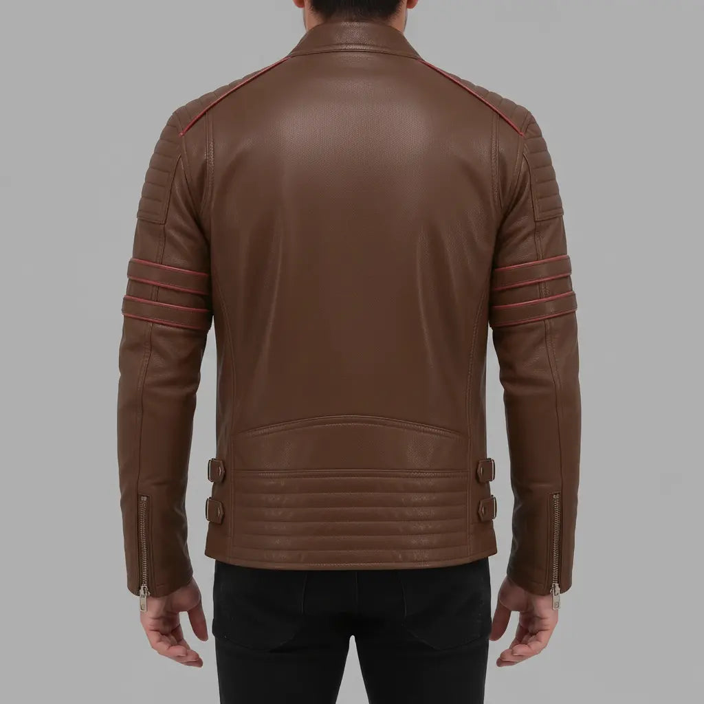Men's Brown and Red Leather Biker Jacket — Hanbury