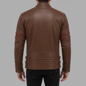Men's Brown and Red Leather Biker Jacket — Hanbury