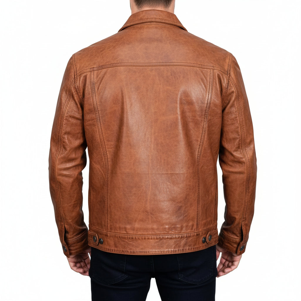 Men's Handmade Brown Leather Trucker Jacket, Men Tan Tan Genuine Leather Jacket