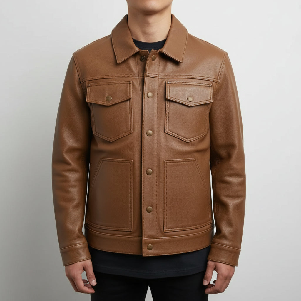 Men's Handmade Brown Leather Trucker Jacket
