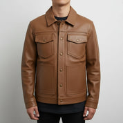 Men's Handmade Brown Leather Trucker Jacket