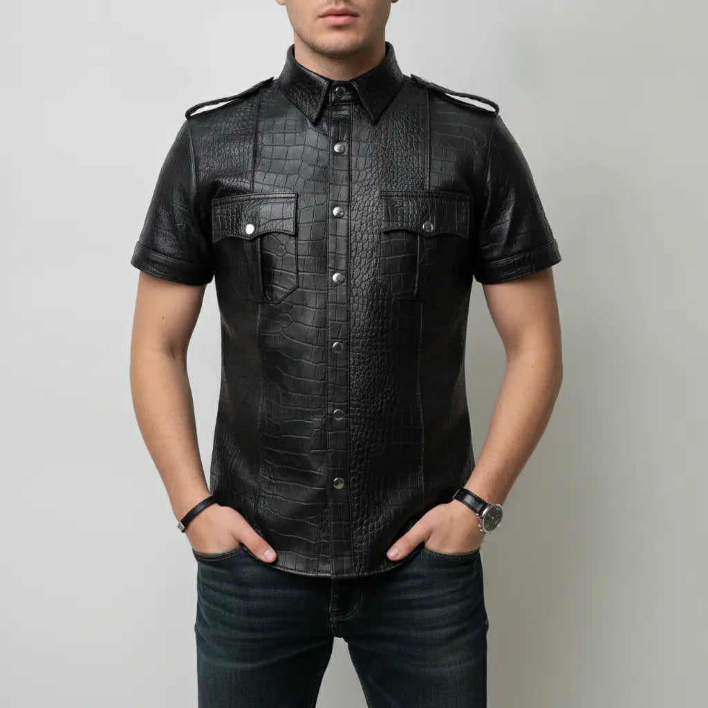 Men's Black Crocodile-Embossed Leather Short-Sleeve Shirt — Abbervale