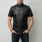 Men's Black Crocodile-Embossed Leather Short-Sleeve Shirt — Abbervale
