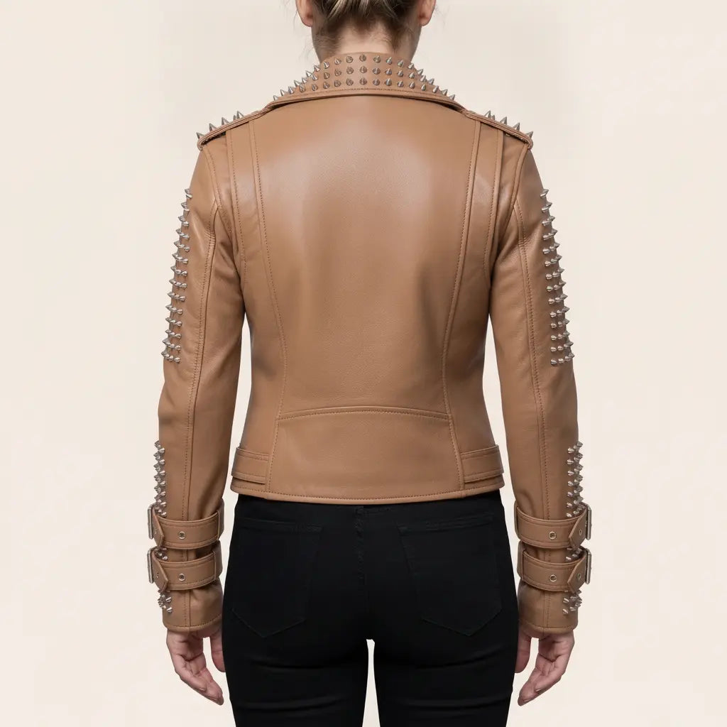 Women's Tan Studded Leather Biker Jacket — Fritton
