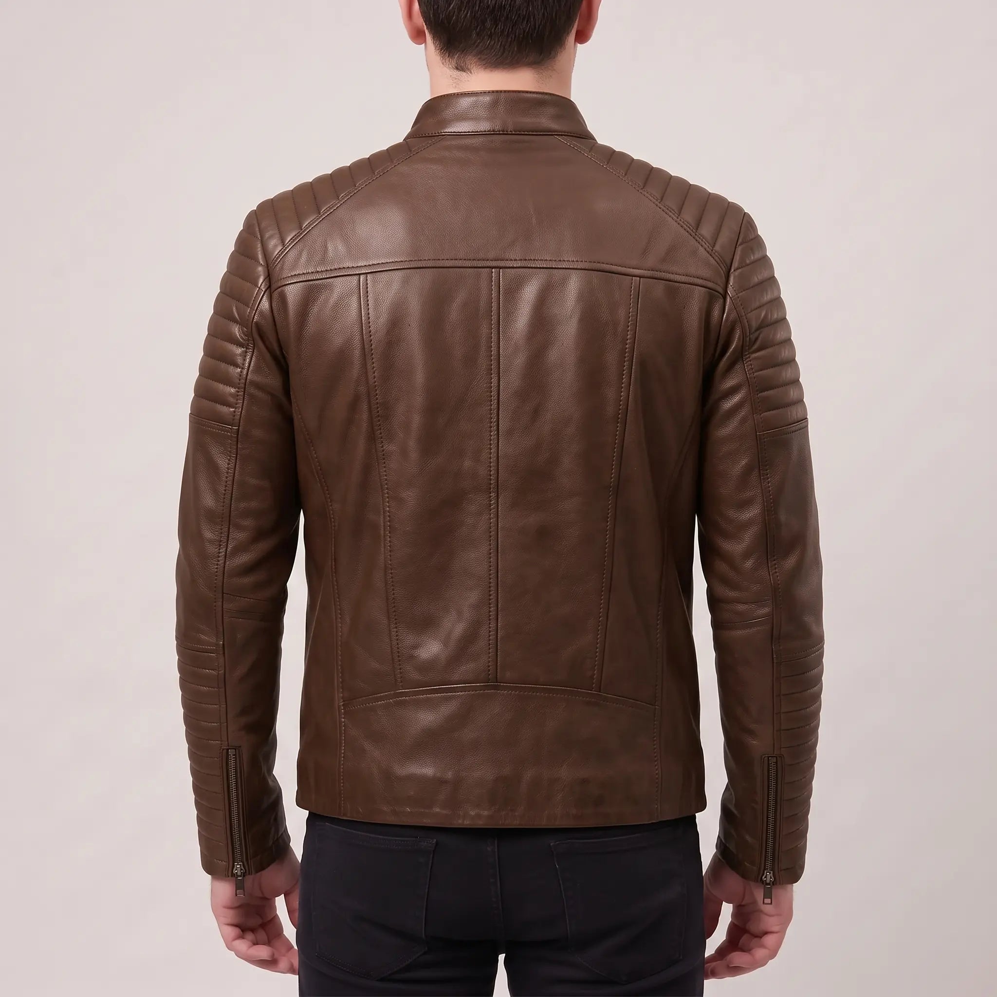 Men's Brown Quilted Leather Cafe Racer Jacket — Gedge