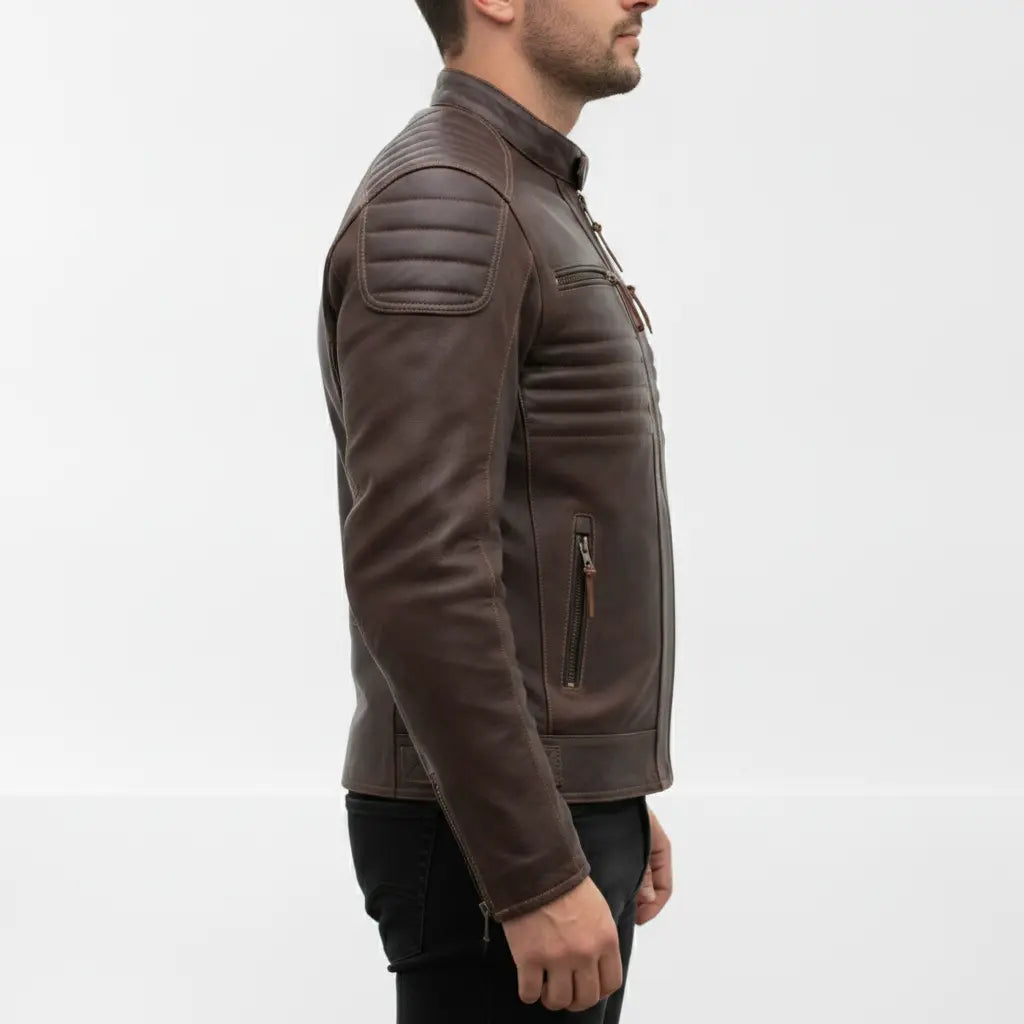 Men's Distressed Dark Brown Leather Cafe Racer Biker Jacket — Abburn