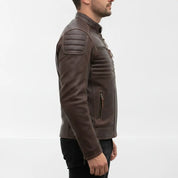 Men's Distressed Dark Brown Leather Cafe Racer Biker Jacket — Abburn