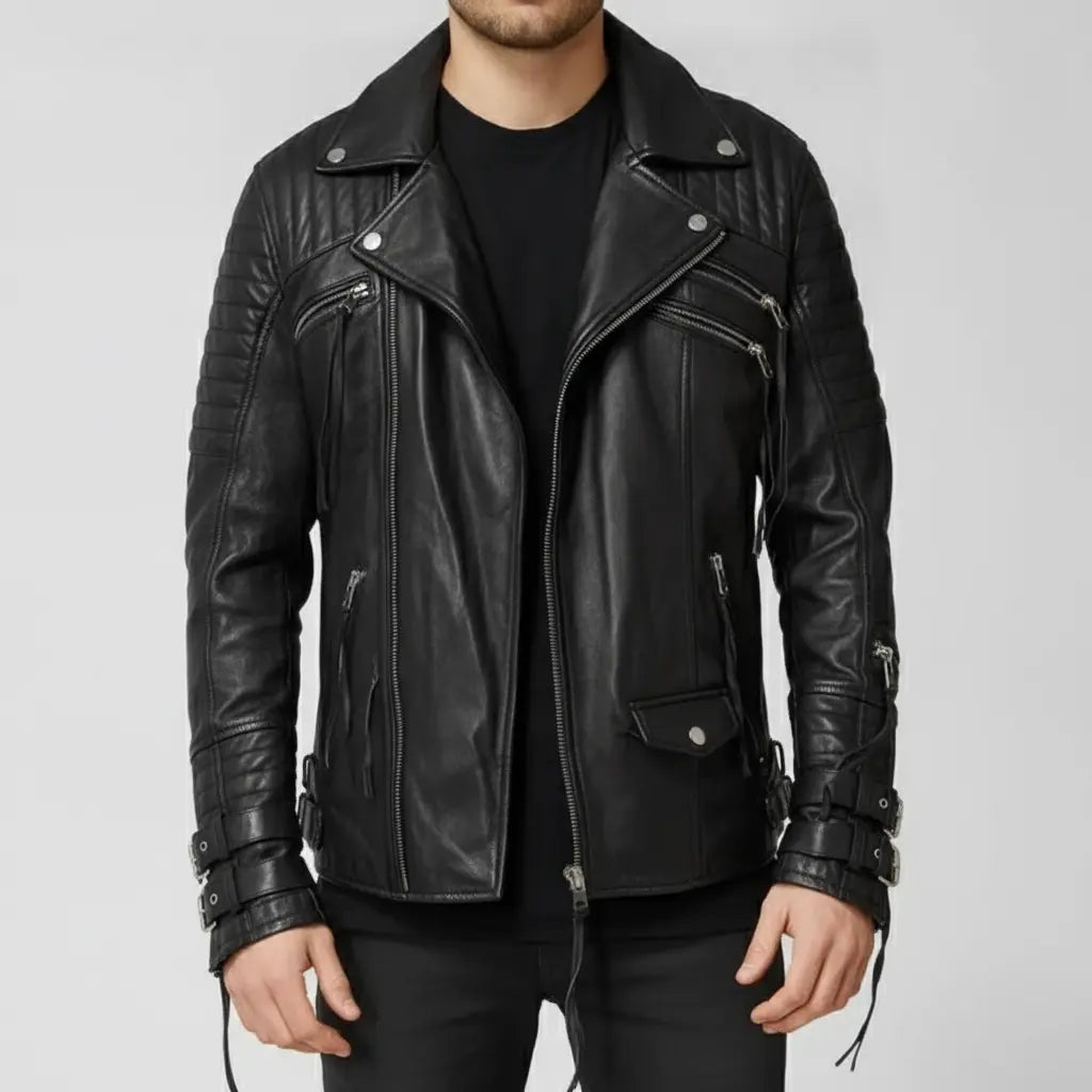 Men's Black Quilted Leather Biker Jacket — Abbett