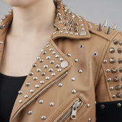 Women's Tan Leather Biker Jacket — Kingston
