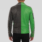 Men's Black and Green Studded Leather Perfecto Biker Jacket — Somerton