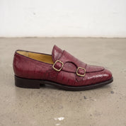 Men's Burgundy Apron-Toe Crocodile-Embossed Leather Double Monk Loafers — Gateley