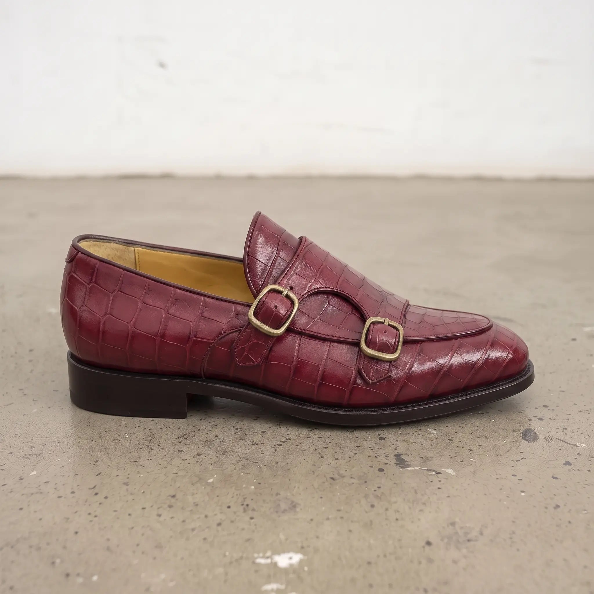 Men's Burgundy Apron-Toe Crocodile-Embossed Leather Double Monk Loafers — Gateley