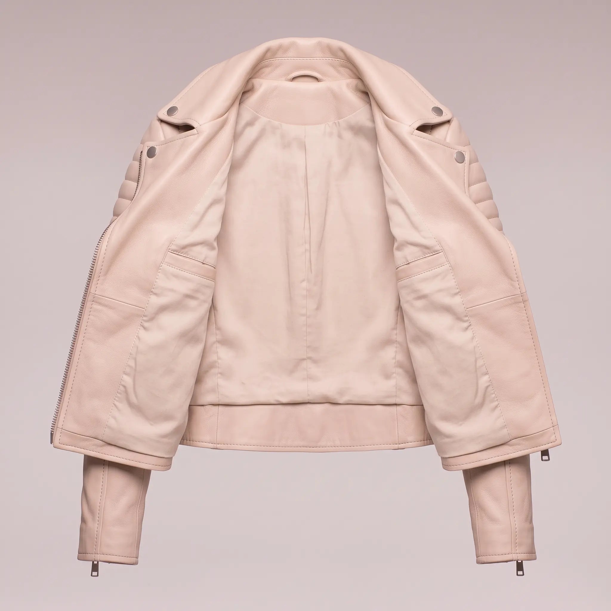 Women's Beige Cropped Quilted Leather Biker Jacket — Beaulieu