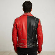 Handmade Mens Two Tone Brando Studded Punk Rock Spikes Motorcycle Biker Jacket