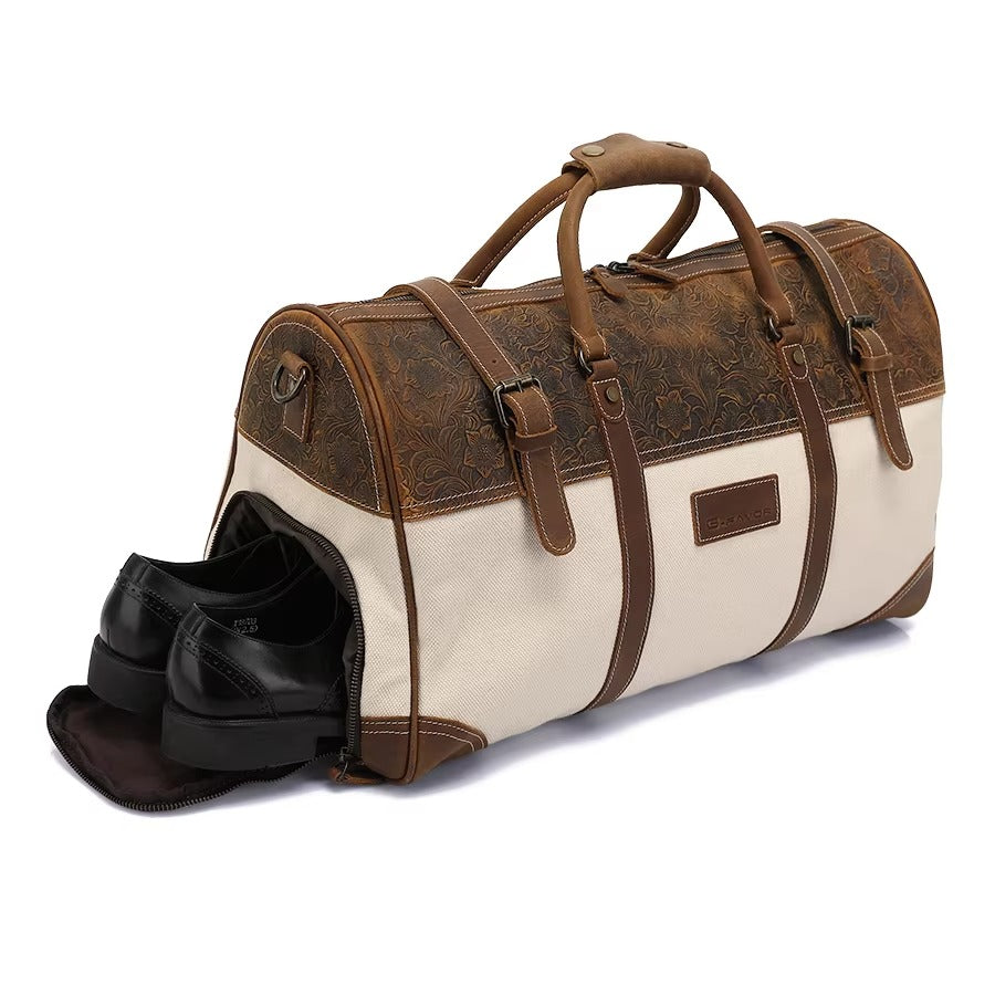 brown leather backpack duffle bag Beige and Brown Embossed Leather and Canvas Duffel Bag