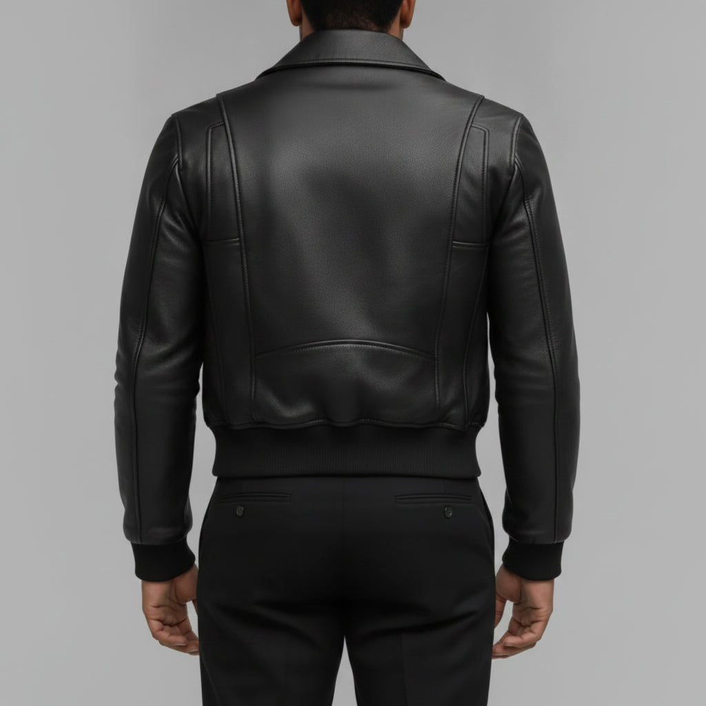 Men's Black Leather Moto Bomber Jacket