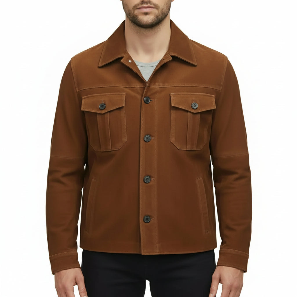 Handmade Men's Brown Suede Cowboy Trucker Jacket
