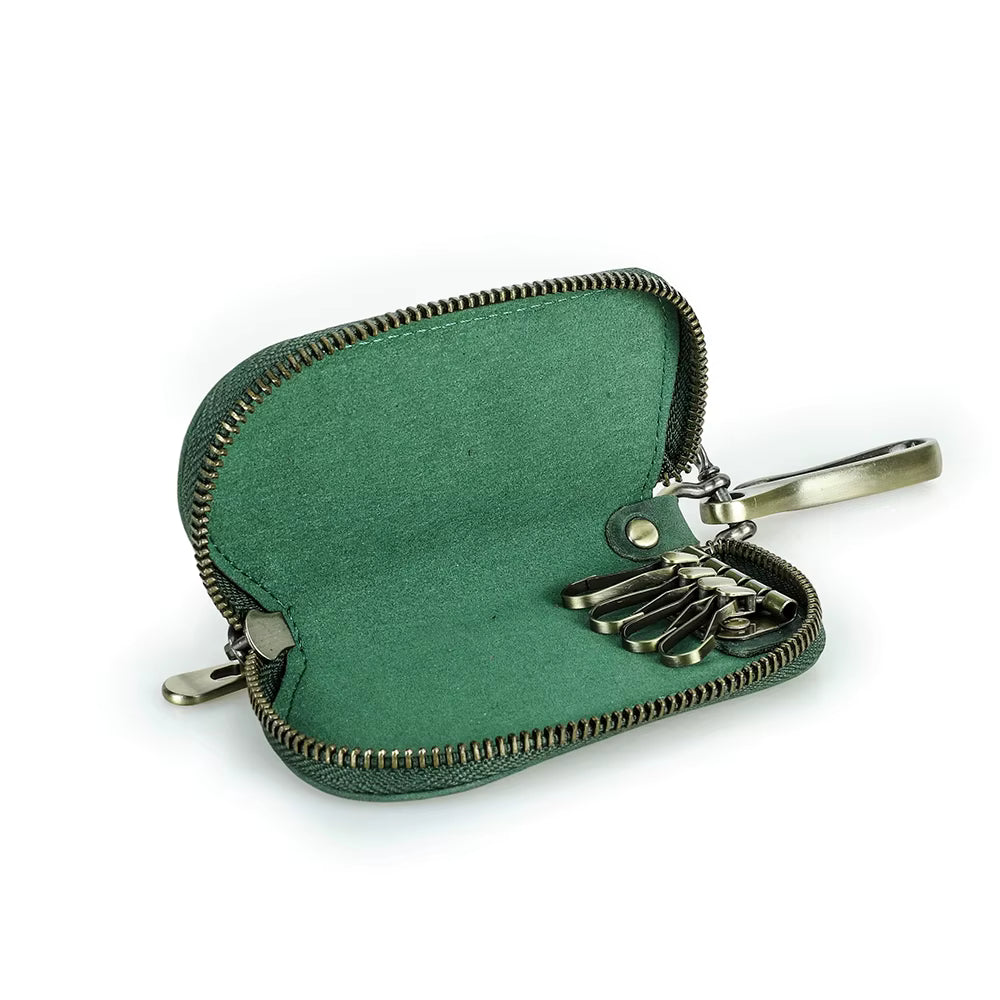 Men's Full-Grain Leather Key Wallet - Retro Zippered Car Key Organizer Case