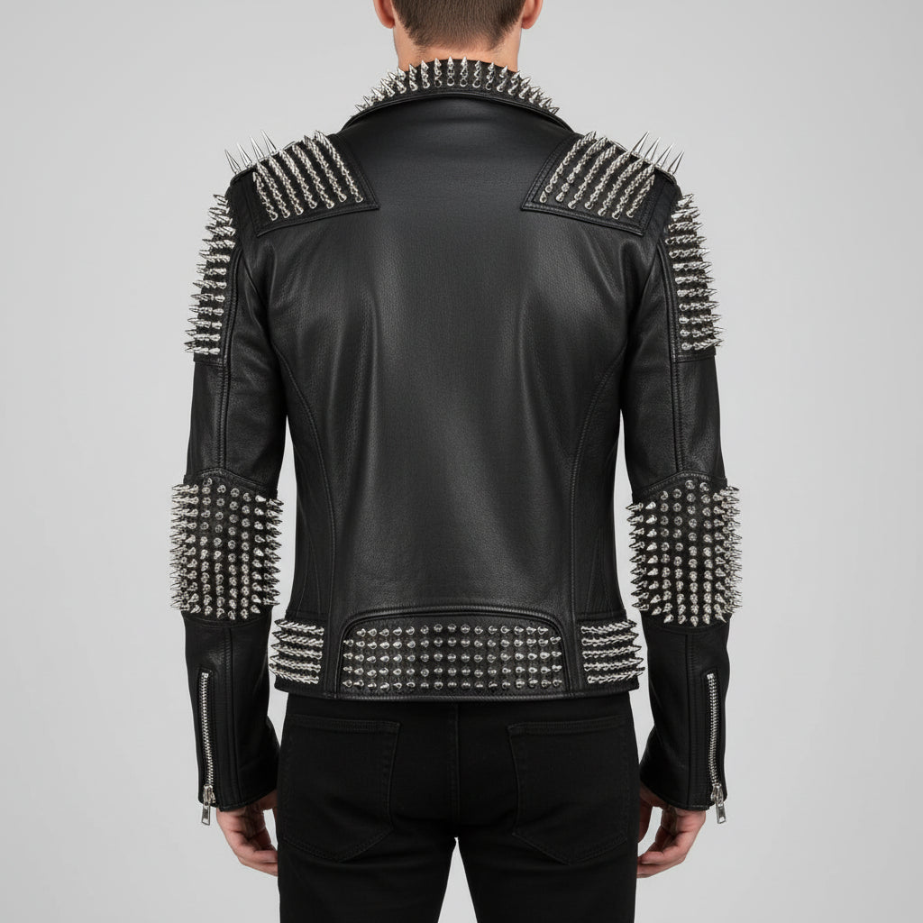 Men's Handmade Long Spiked Studded Leather Jacket - Black & Silver