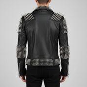 Men's Handmade Long Spiked Studded Leather Jacket - Black & Silver