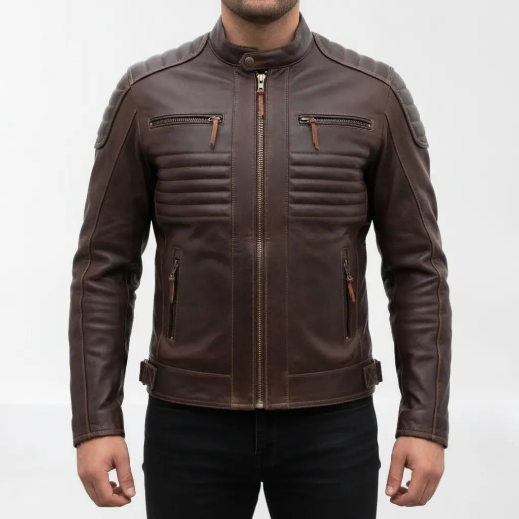 Men's Distressed Dark Brown Leather Cafe Racer Biker Jacket — Abburn
