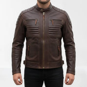 Men's Distressed Dark Brown Leather Cafe Racer Biker Jacket — Abburn