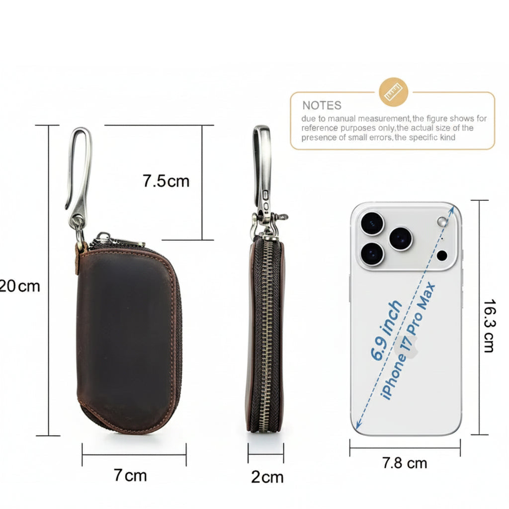 Men's Full-Grain Leather Key Wallet - Retro Zippered Car Key Organizer Case