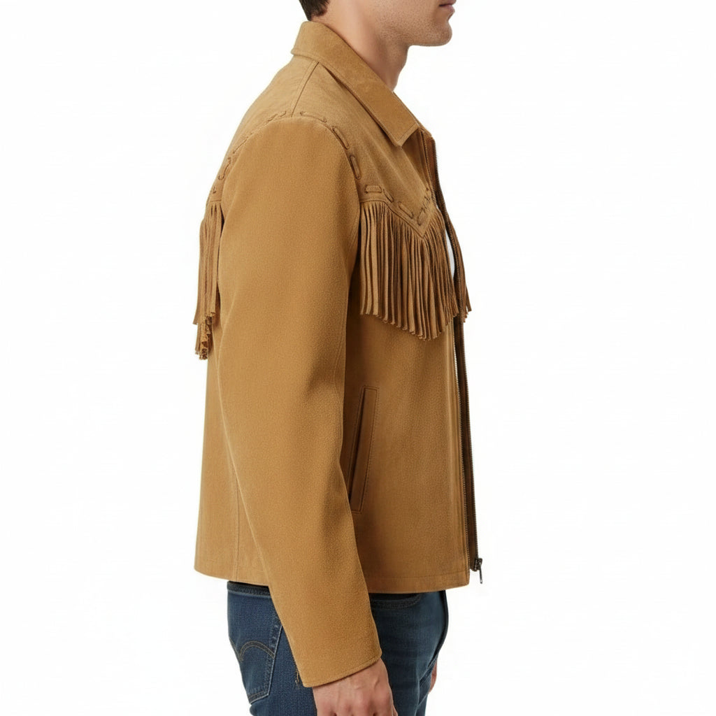 Handmade Men's Brown Western Suede Jacket With Fringe Detail