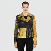 Women's Handmade Two Tone Punk Golden Studded Real Cowhide Motorbike Leather Jacket