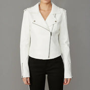 Women's White Faux Leather Biker Jacket — Abberdale