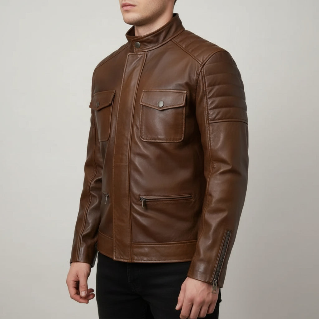 Handmade Men Brown Real Leather Motocycle Jacket, Men Antique Brown Biker Jacket