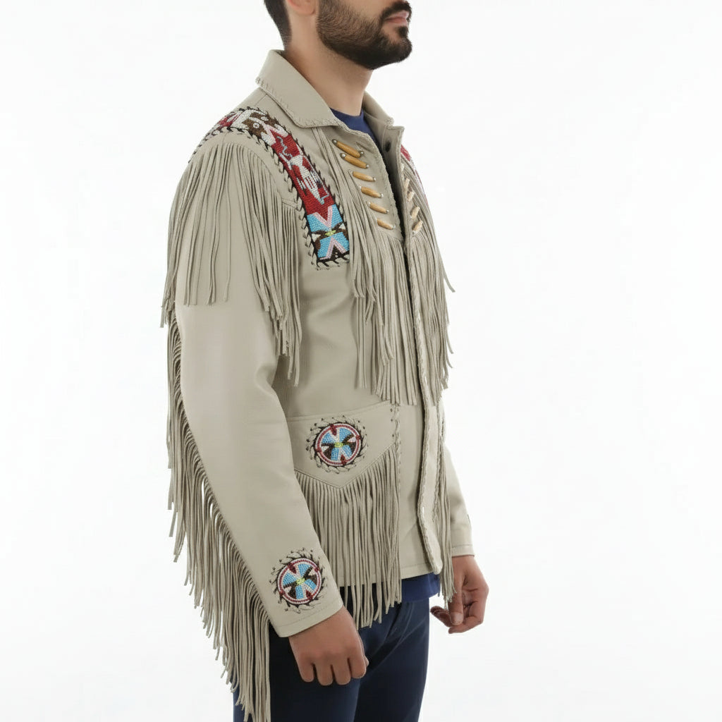 Men's Beige Beaded Fringe Western Cow Suede Leather Jacket