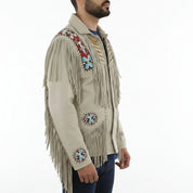 Men's Beige Beaded Fringe Western Cow Suede Leather Jacket