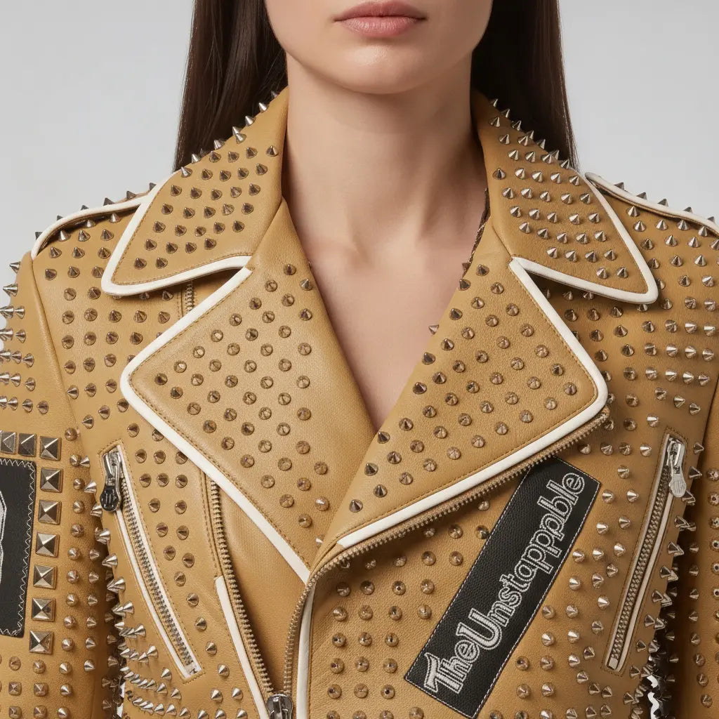 Women's Tan Studded Leather Biker Jacket — Ponsonby