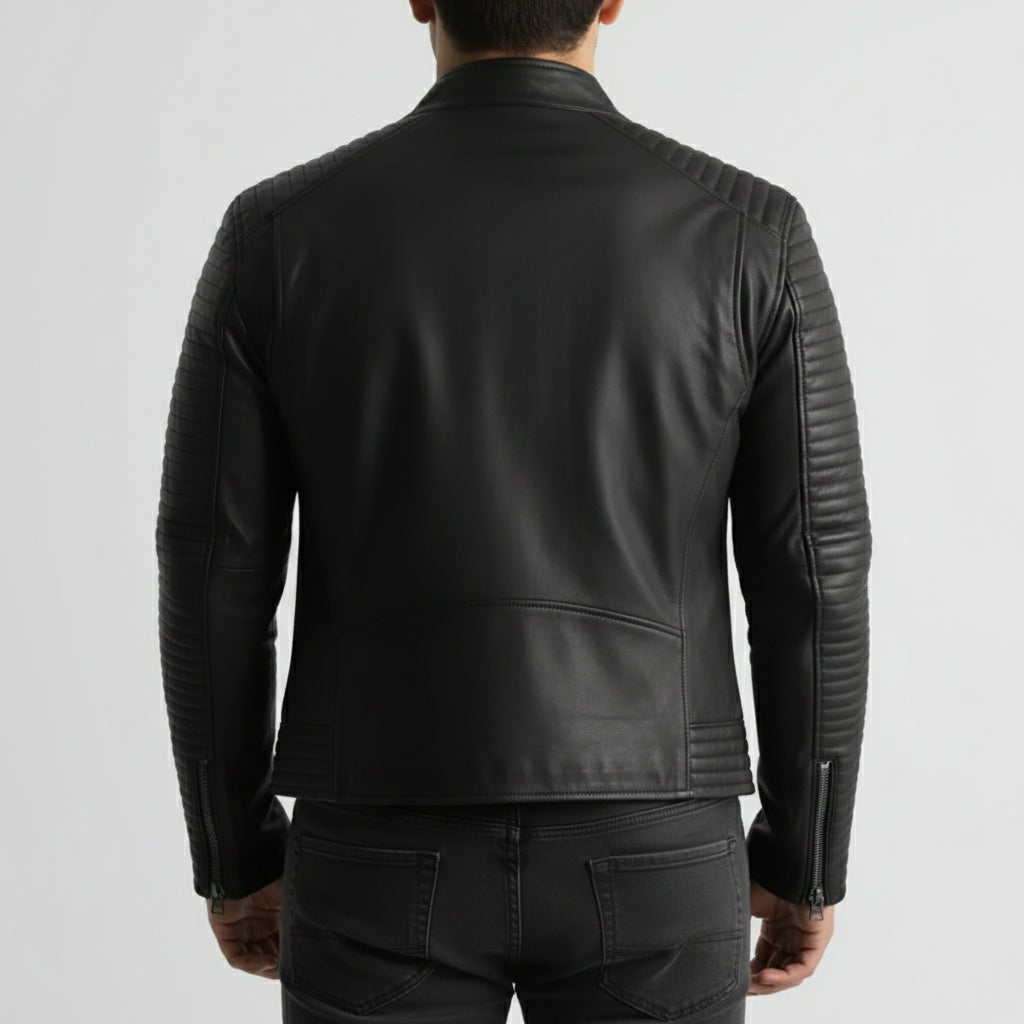 Handmade Mens Leather Jacket Black Quilted Genuine Lambskin Biker Motorcycle