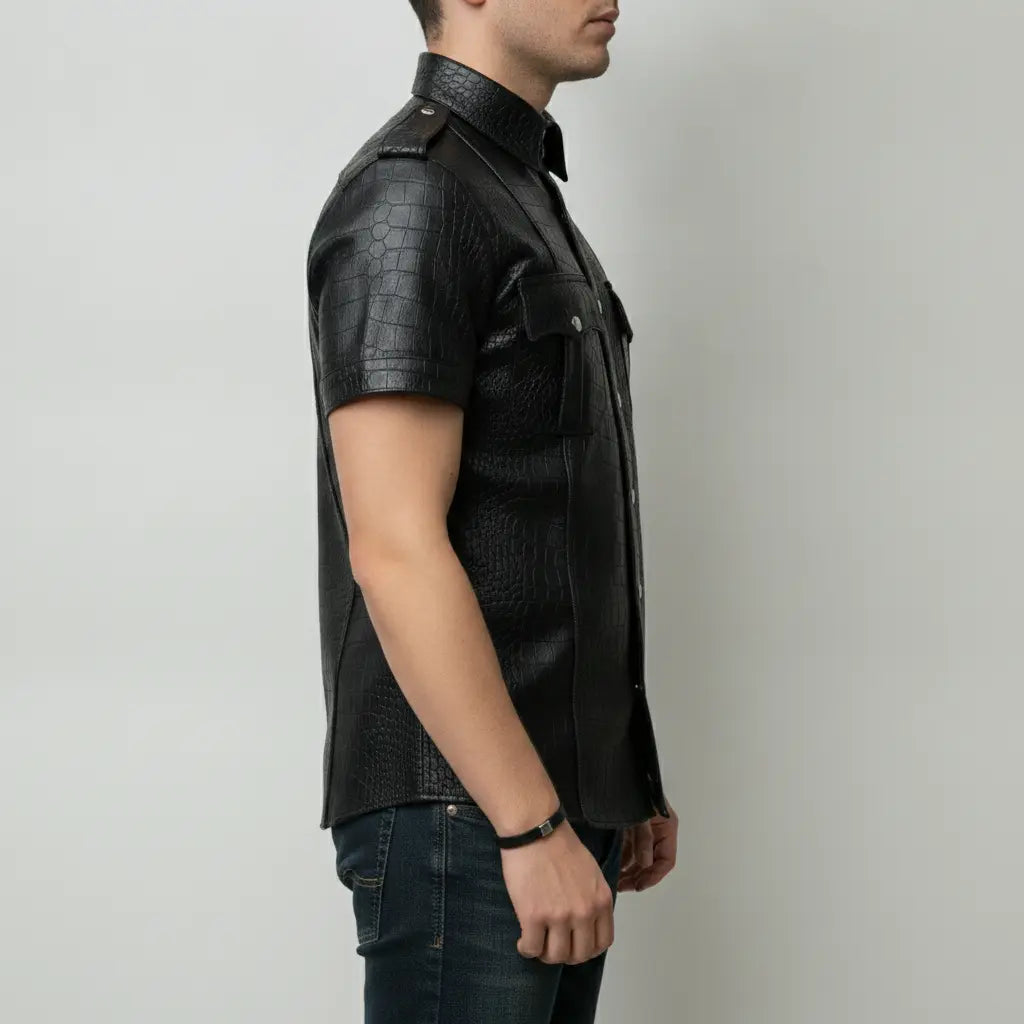 Men's Black Crocodile-Embossed Leather Short-Sleeve Shirt — Abbervale