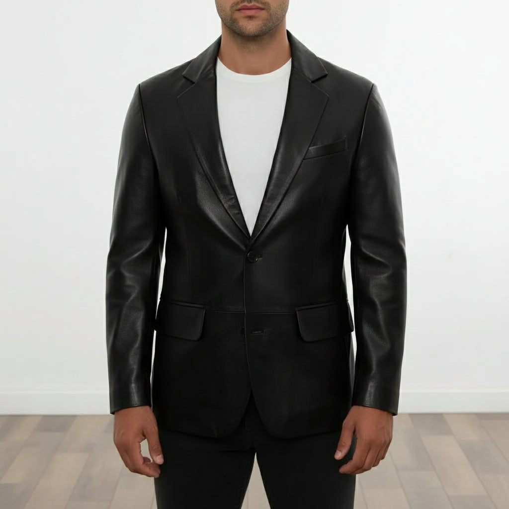 Men's Slim Fit Genuine Leather Blazer, Tailored Black Leather Jacket