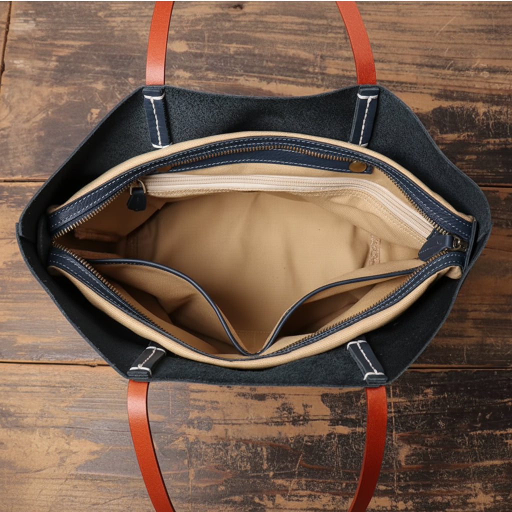 Women's Color-Block Zipper Closure Full-Grain Leather Tote Bag