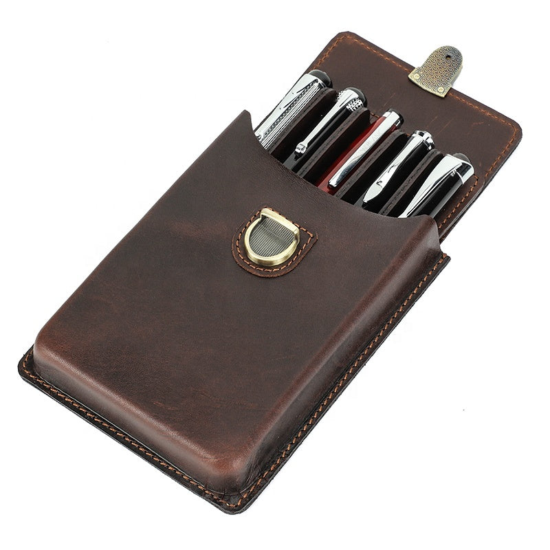 5-Slot Leather Pen Case with Vintage Finish