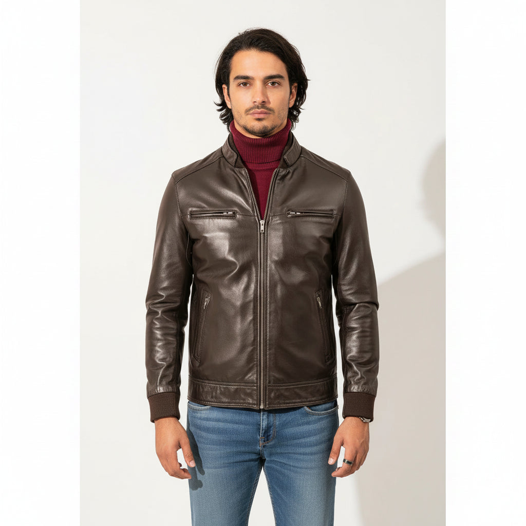 Handmade Mens Brown Leather Jacket, Men Multi Pockets Biker Jacket Slim Fit Jacket