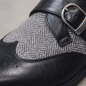 Men's Black Herringbone-Embossed Leather and Wingtip Monk Strap Shoes — Amory