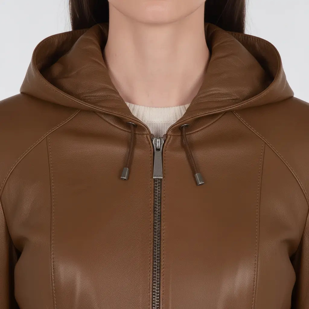 Women's Brown Hooded Leather Jacket — Baldwin