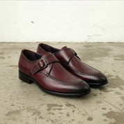 Men's Burgundy Apron-Toe Leather Monk Strap Shoes — Axmouth