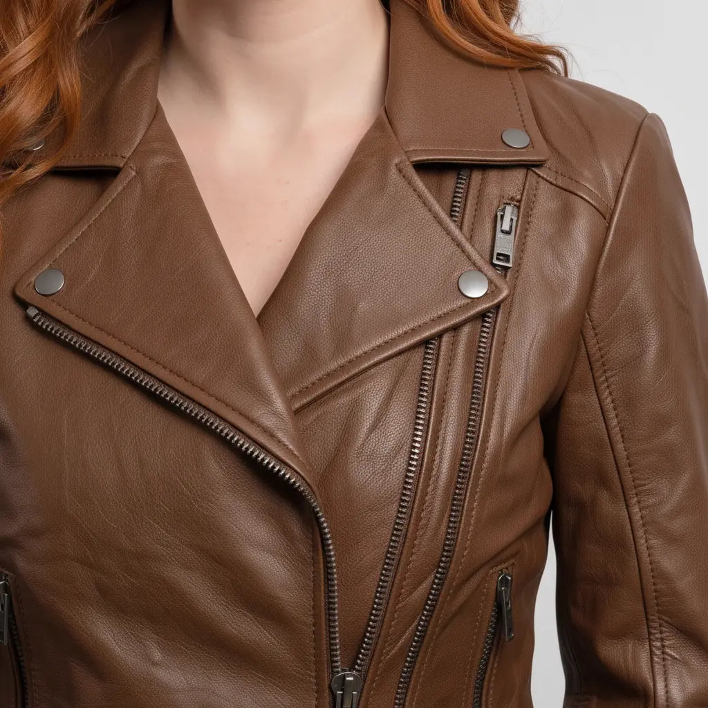 Women's Brown Leather Biker Jacket — Frodsham