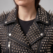 Women's Black Studded Leather Biker Jacket — Derrington