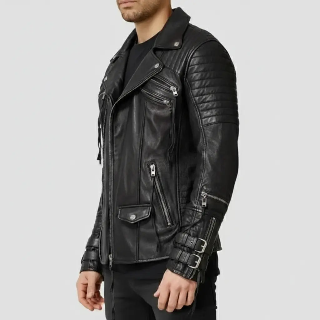 Men's Black Quilted Leather Biker Jacket — Abbett