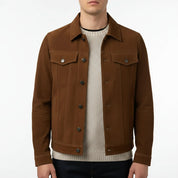 Handmade Men's Brown Suede Trucker Suede Shirt Collared Jacket