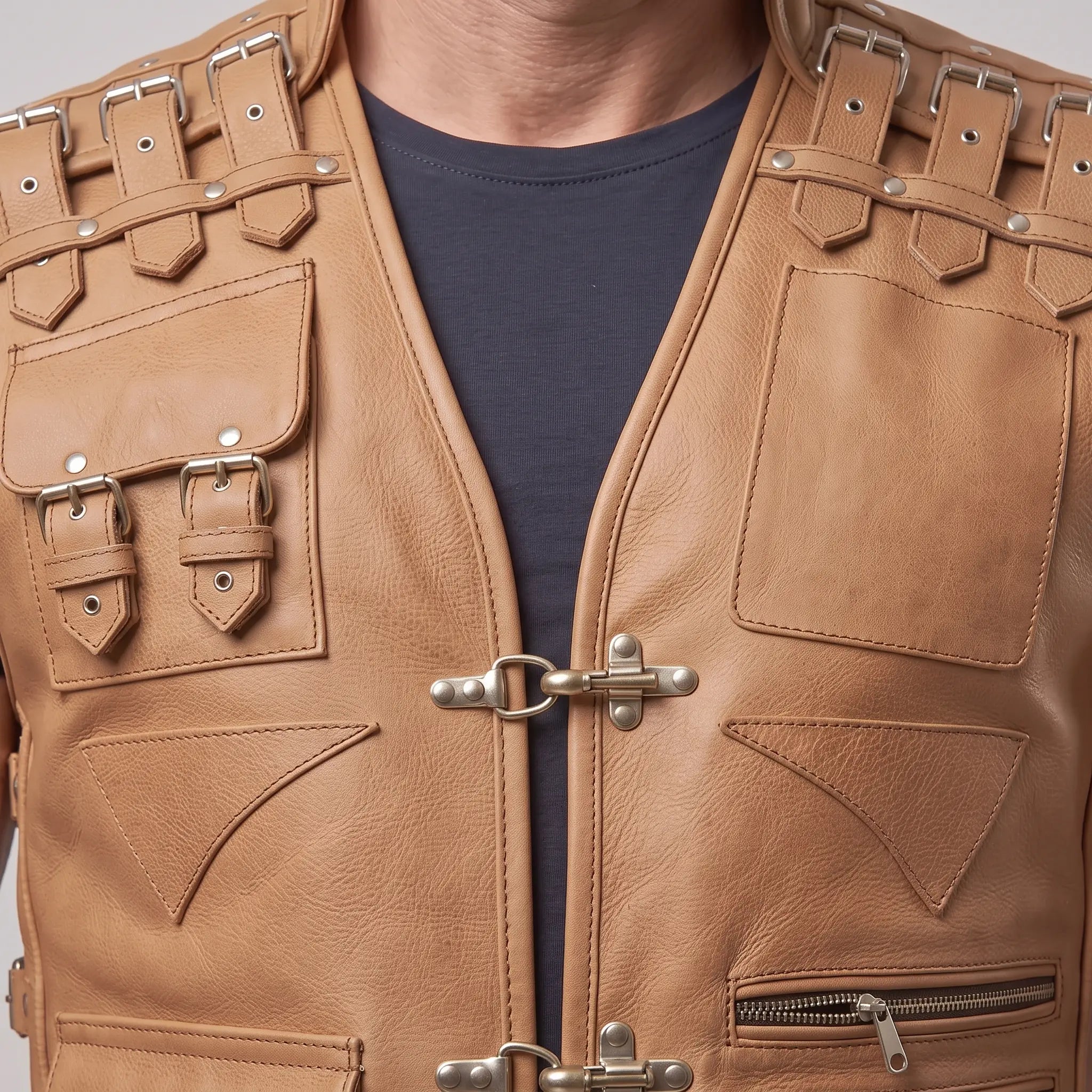 Men's Tan Leather Biker Vest — Newman
