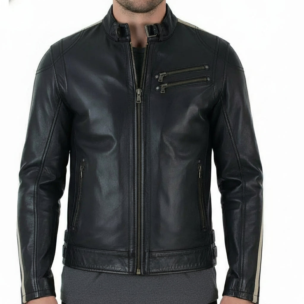 Handmade Mens Black Genuine Sheep Leather Jacket Men Motocycle Retro Style Jacket