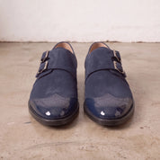 Men's Navy Blue Suede Double Monk Strap Shoes — Lowell